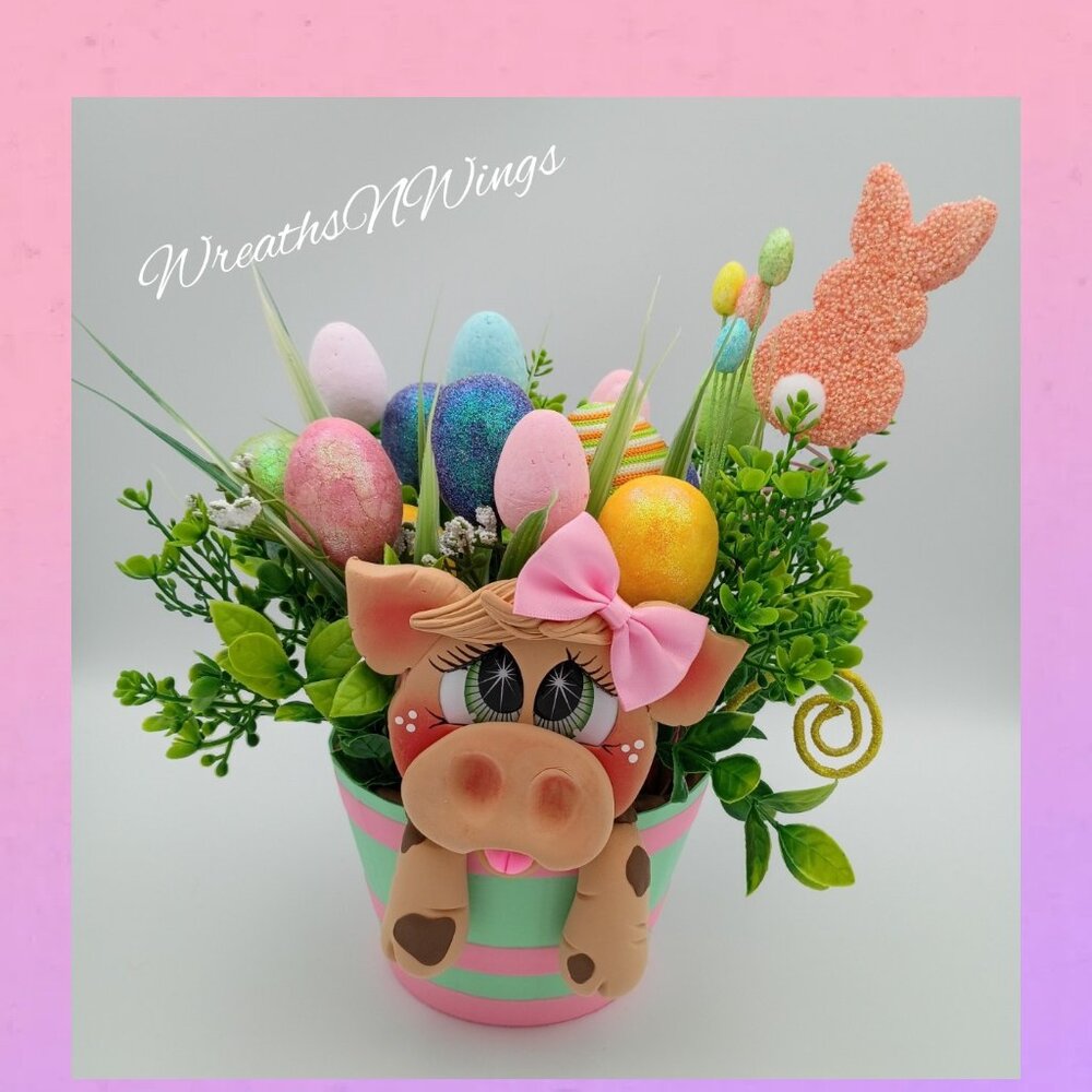 Pastel Easter Pig Planter, Spring Bunny Egg Arrangement, Whimsical Farmhouse